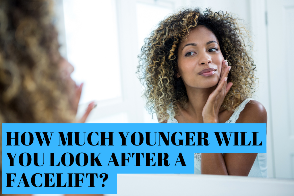 A woman looking in the mirror. Text reads, "How much younger will you look after a facelift?"