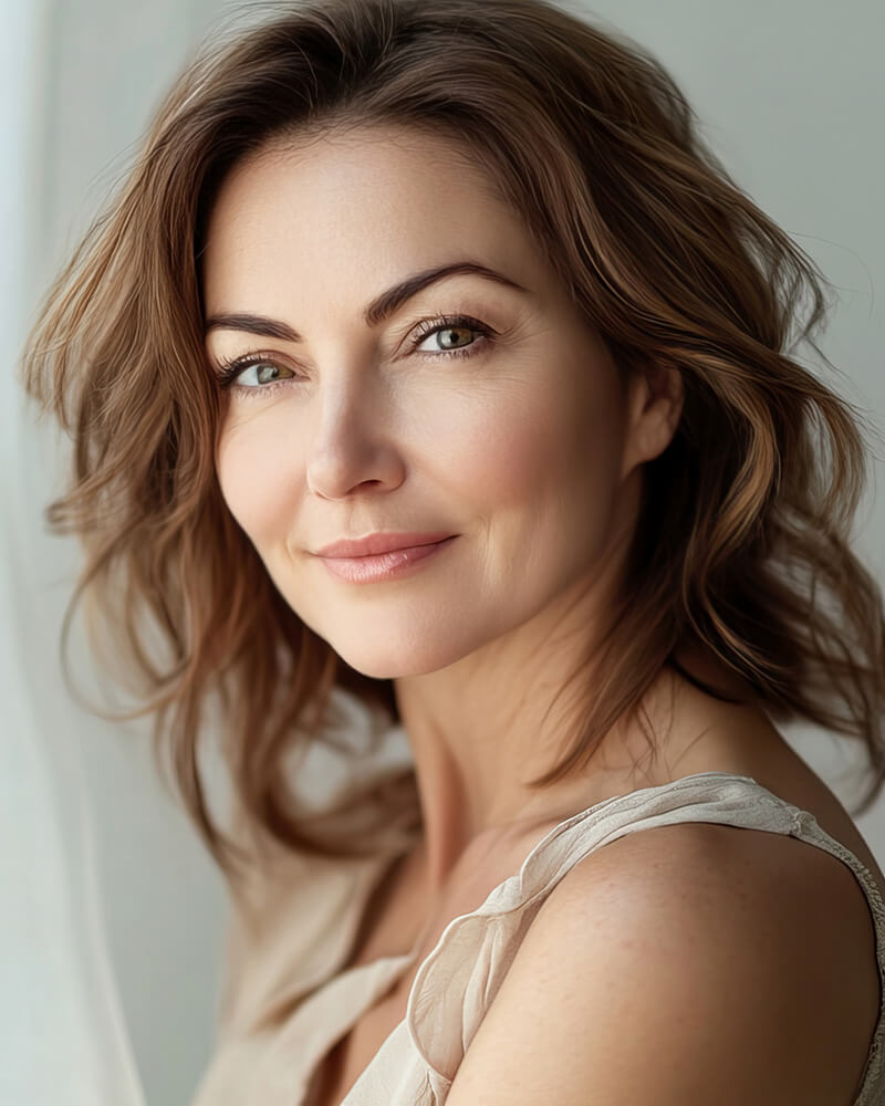 Woman with wavy brown hair