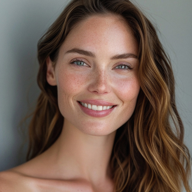 Middle aged freckled woman smiling