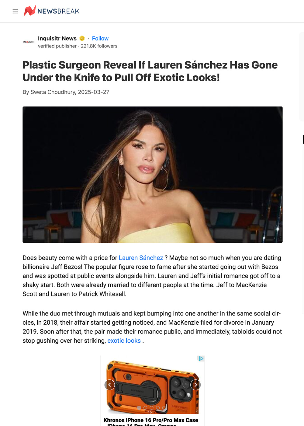 Plastic Surgeon Reveal If Lauren Sánchez Has Gone Under the Knife to Pull Off Exotic Looks! - Article