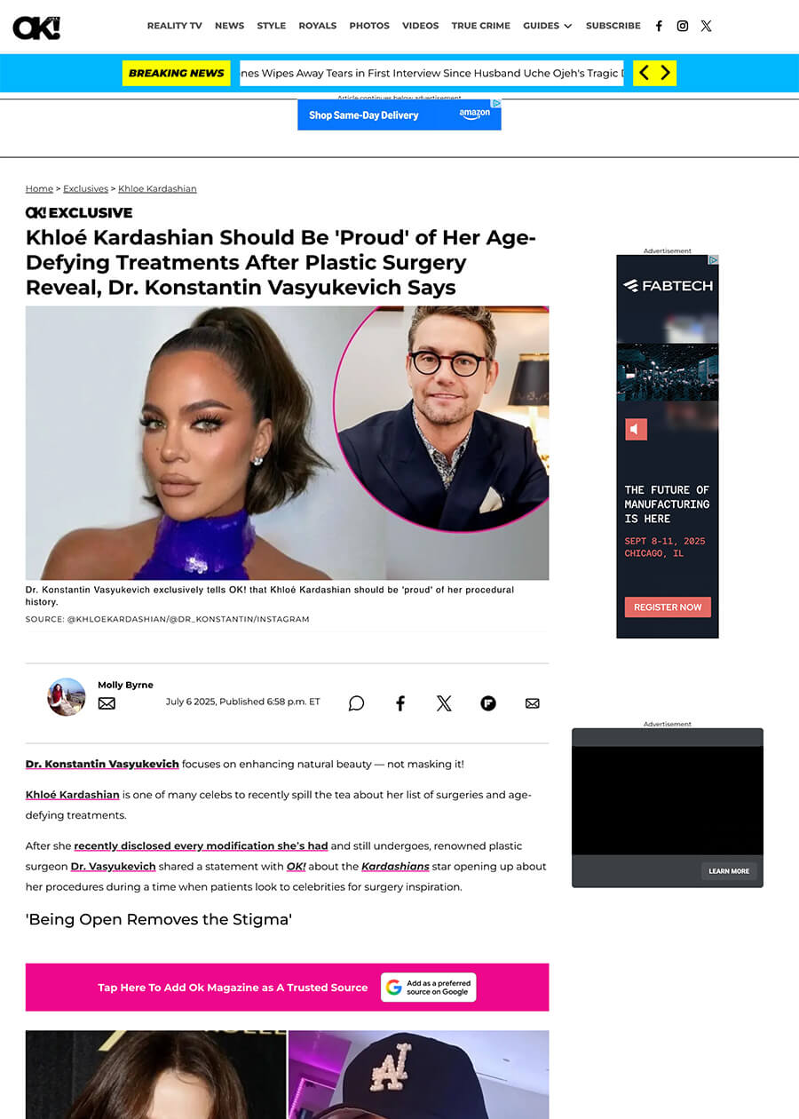 Khloé Kardashian Should Be 'Proud' of Her Age-Defying Treatments After Plastic Surgery Reveal, Dr. Konstantin Vasyukevich Says - Article