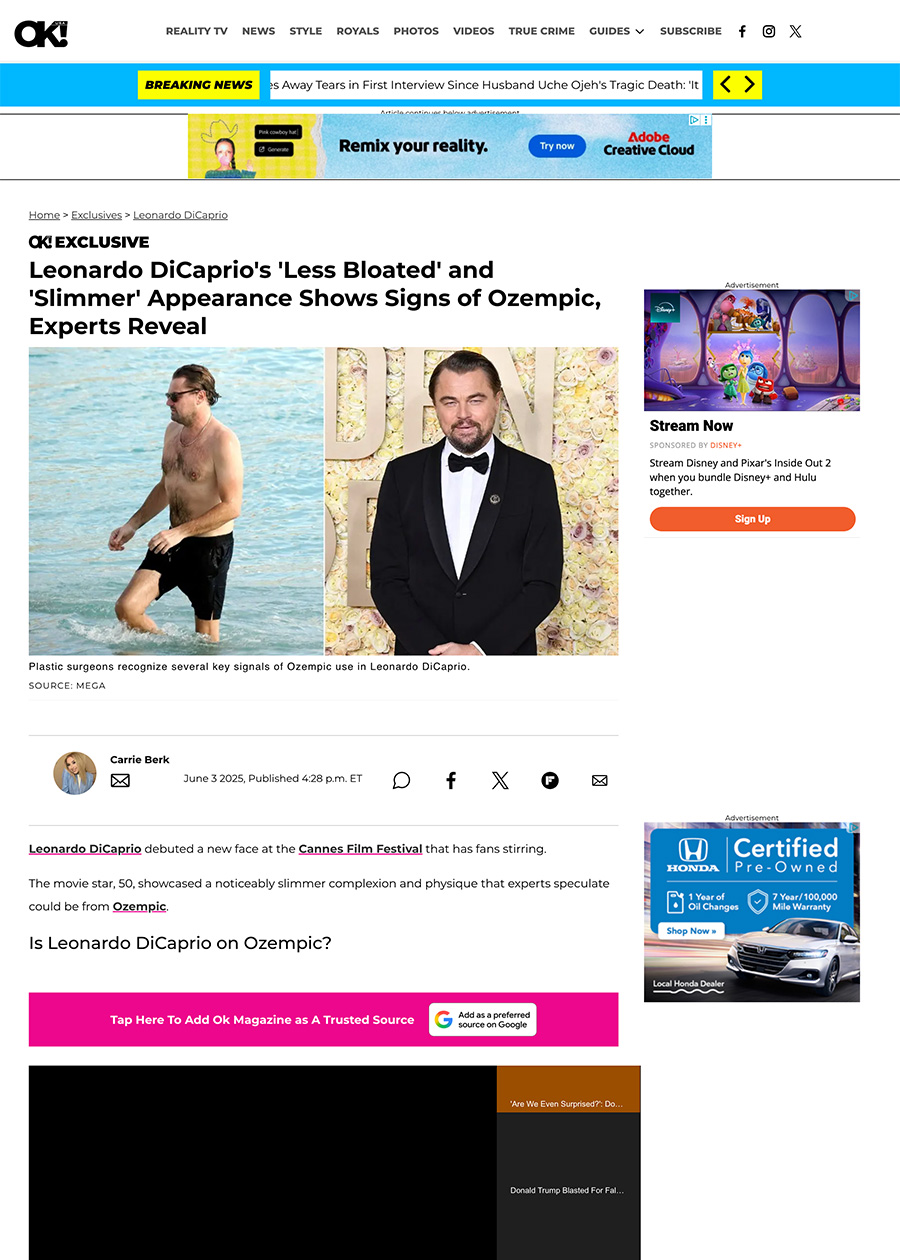 Leonardo DiCaprio's 'Less Bloated' and 'Slimmer' Appearance Shows Signs of Ozempic, Experts Reveal - Article